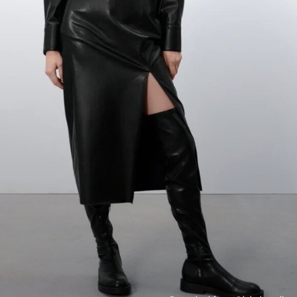 Size 9 Zara Tall Over the Knee Flat Stretch Faux Leather Boots - Picture 3 of 6